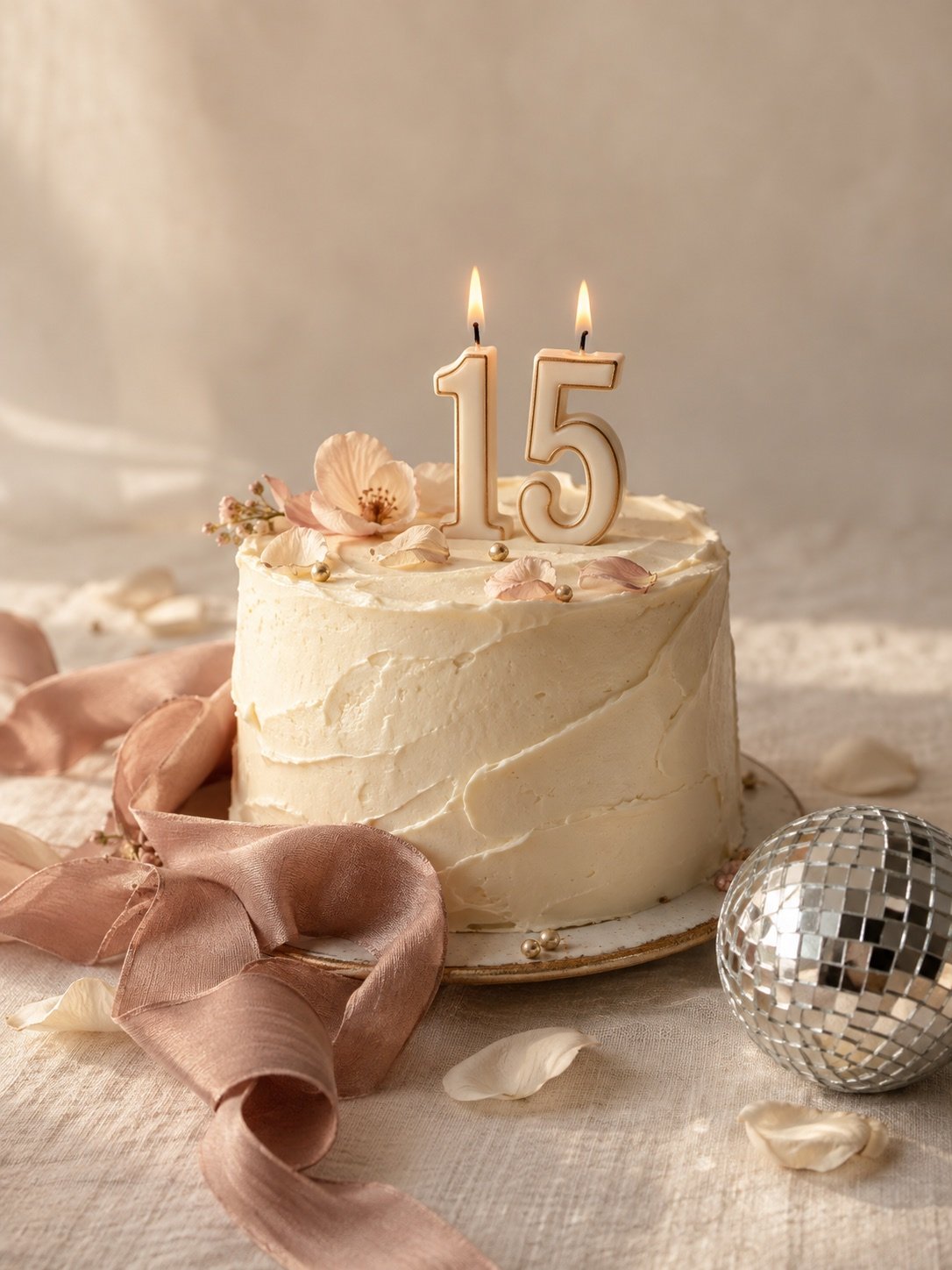 Bolo marfim com velas 15, fita rosa e pequeno globo espelhado