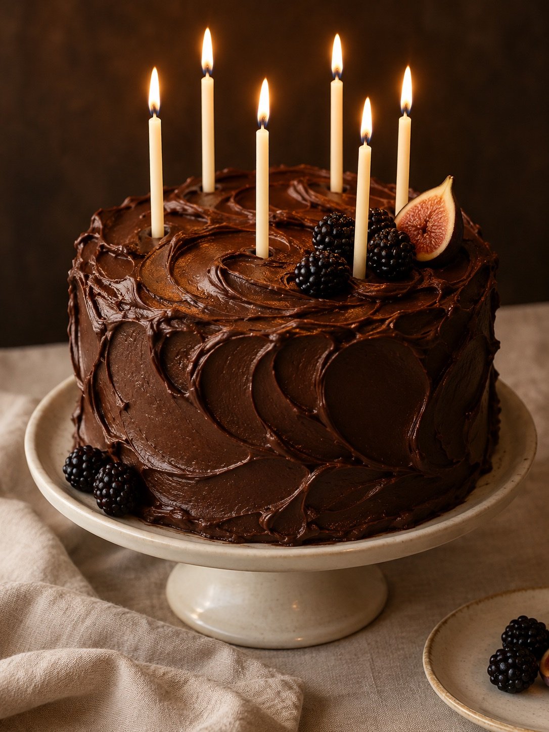 Bolo de chocolate artesanal com velas acesas e frutas
