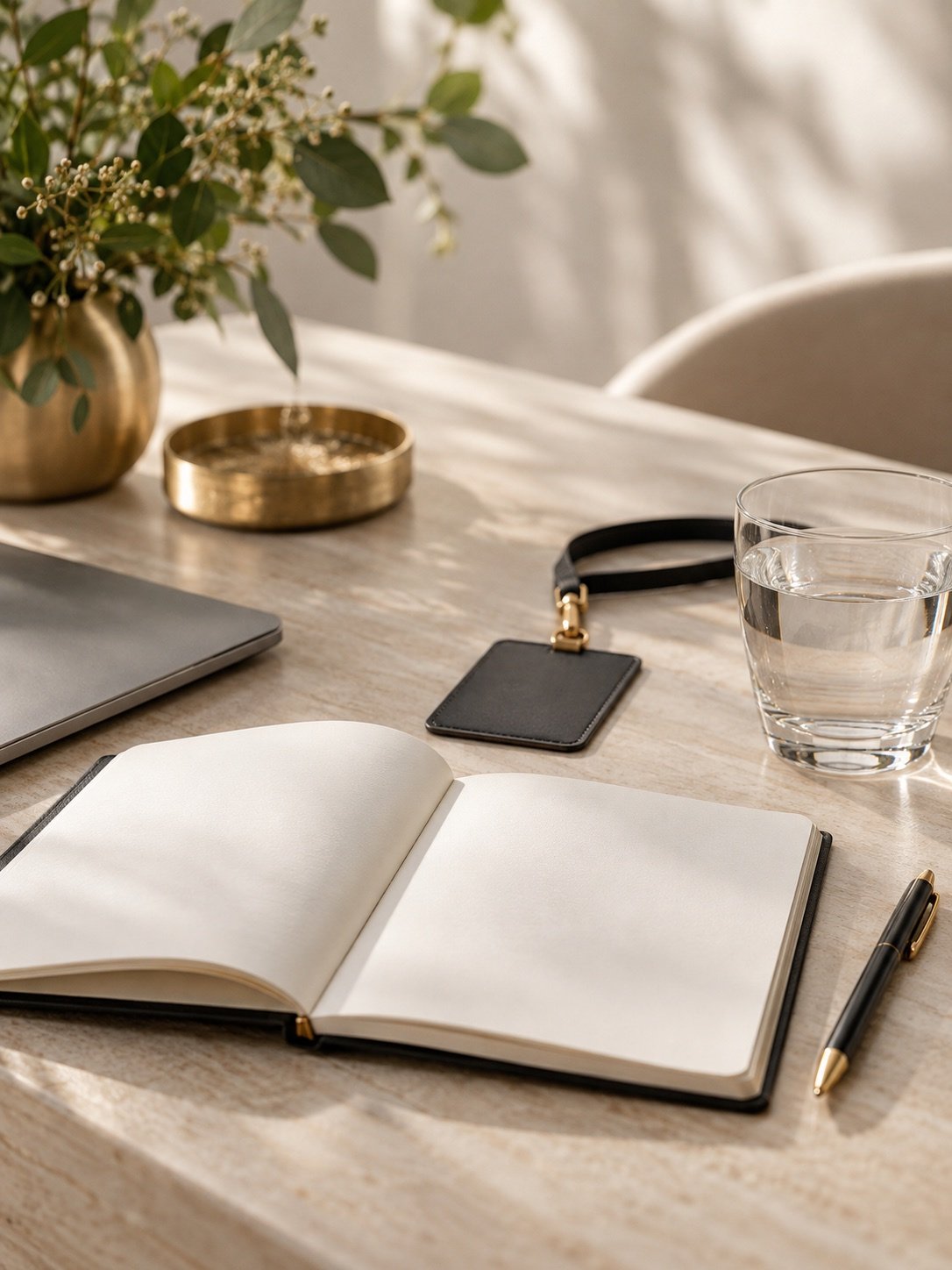 Caderno, caneta, água e notebook em mesa clara